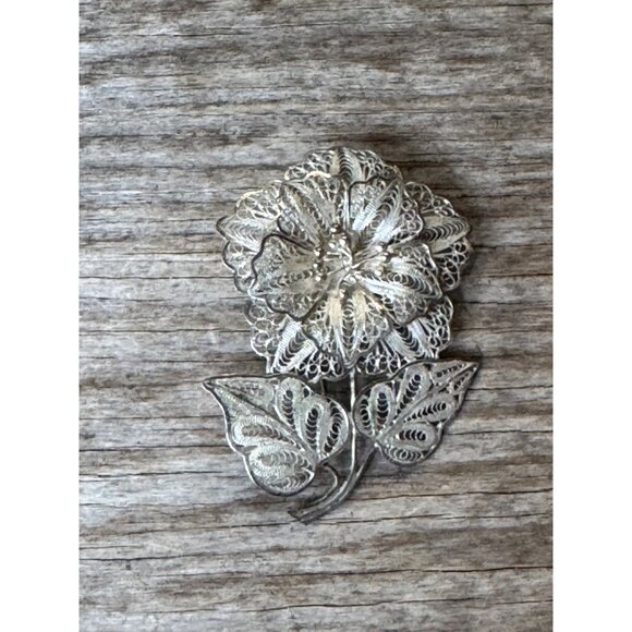 Vintage 925 Silver Filigree Flower Brooch Pin - Picture 6 of 6